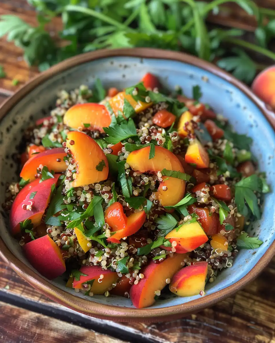 Close-up of fresh peach quinoa summer salad in pressure cooker
