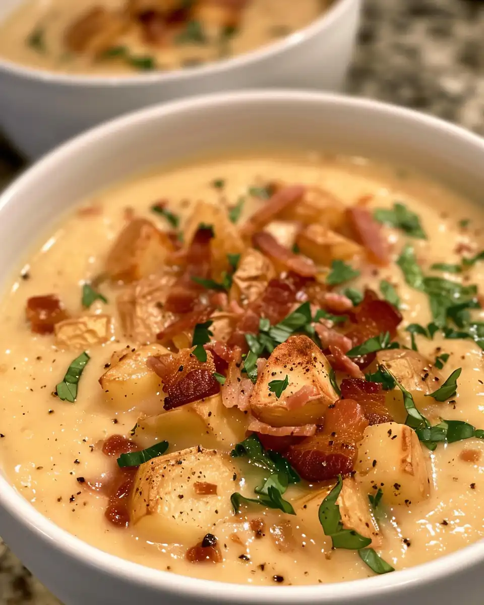Creamy potato soup served in bowl with crispy bacon on top