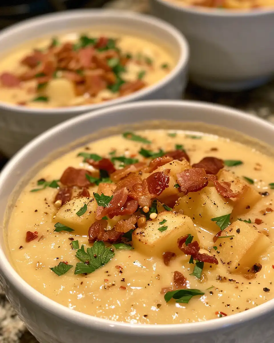 Creamy potato soup simmering with bacon and cheddar cheese in pressure cooker