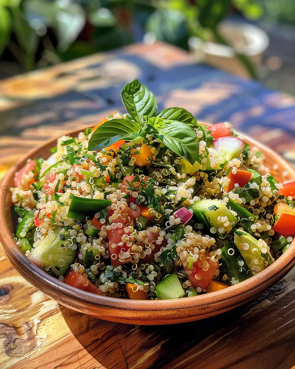 Colorful fresh ingredients for quinoa salad including peaches, tomatoes, corn, avocado, onion, and feta