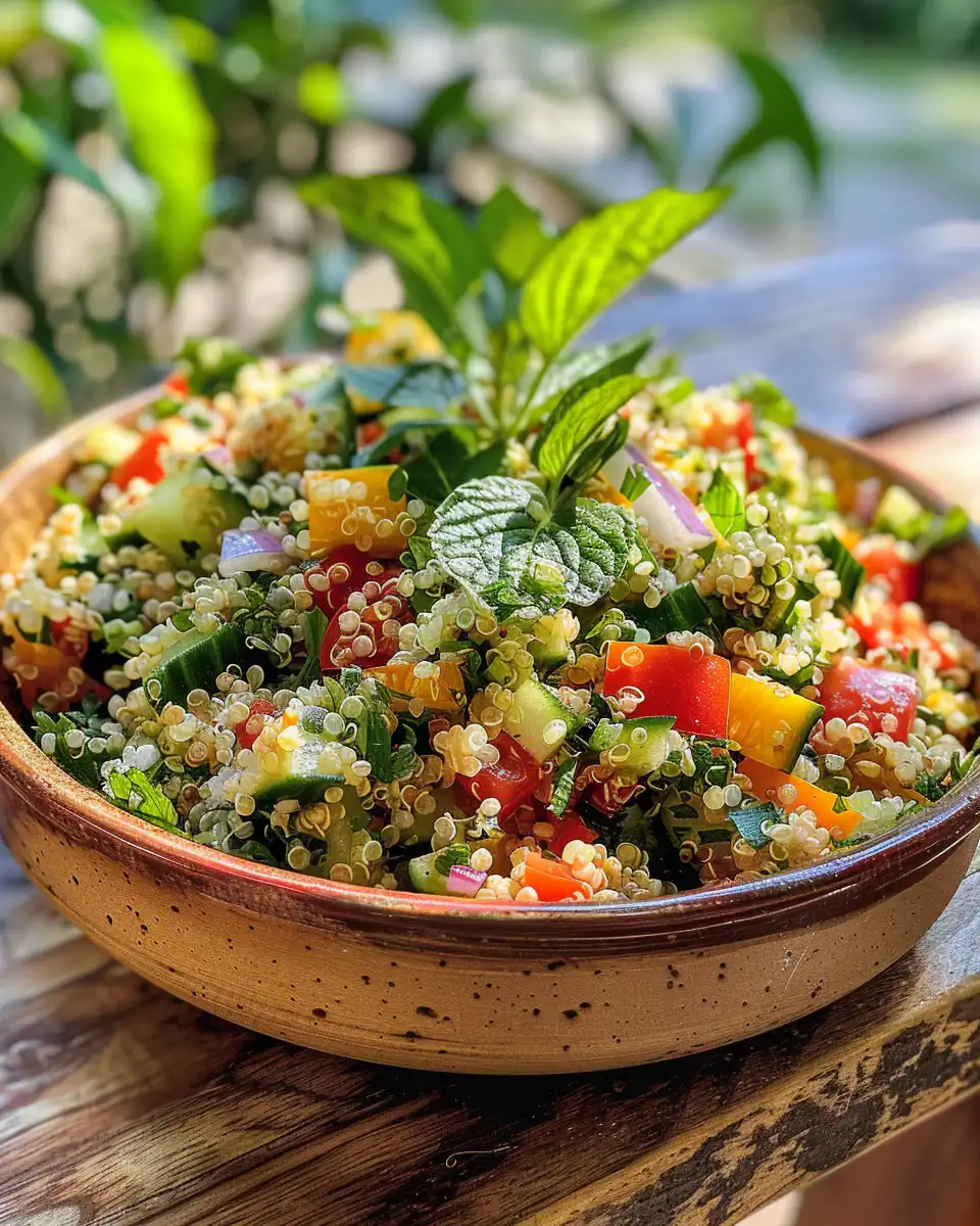 Plated quinoa salad with peaches, avocado, feta, and vibrant dressing ready to serve
