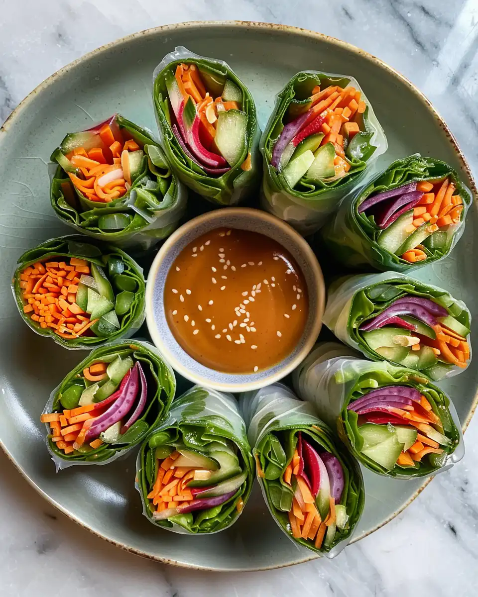 Plated rainbow collard wraps served with peanut butter dipping sauce