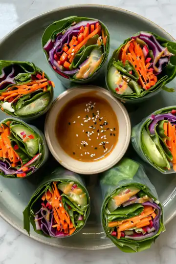 Rainbow Collard Wraps With Peanut Butter Dipping Sauce taken with iphone 15 pro max --iw 2 --ar 4:5 --v 6.0 --raw