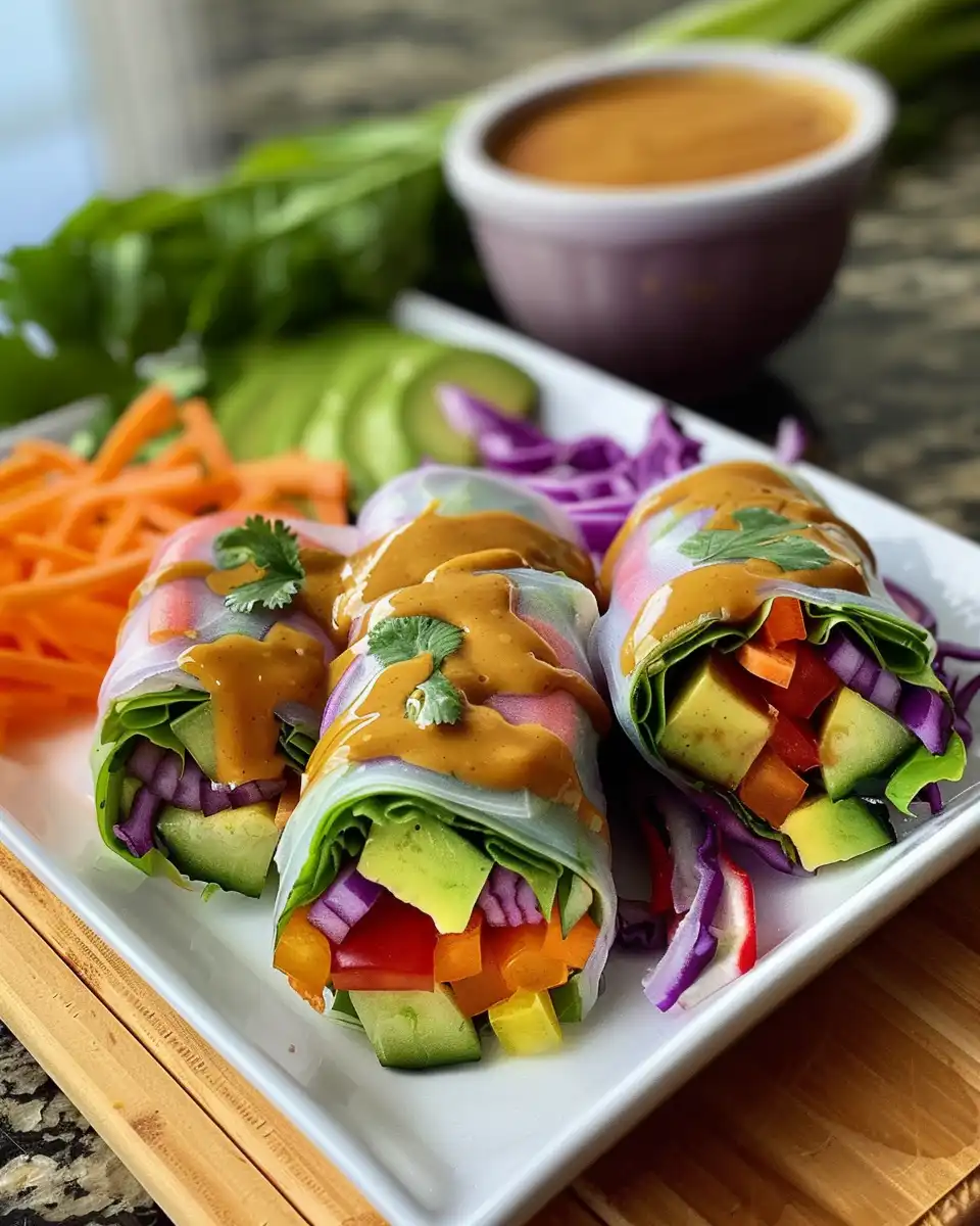 Ingredients for rainbow summer rolls and peanut butter dipping sauce laid out