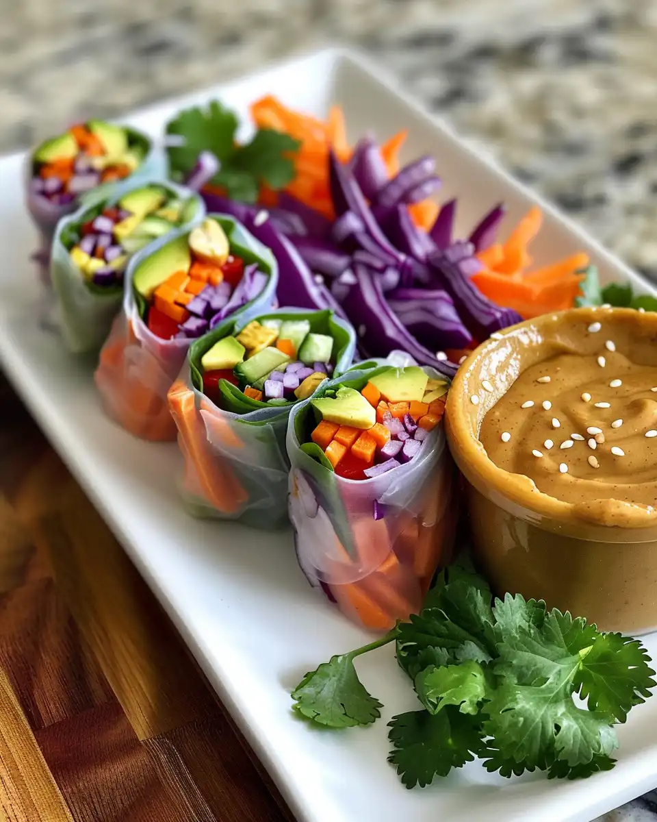 Plated rainbow summer rolls ready to serve with peanut butter dipping sauce