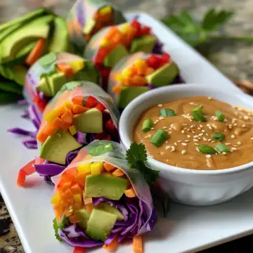 Rainbow Summer Rolls With A Delicious Peanut Butter Dipping Sauce taken with iphone 15 pro max --iw 2 --ar 4:5 --v 6.0 --raw