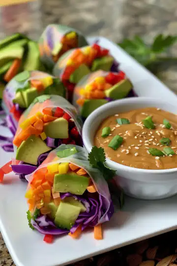 Rainbow Summer Rolls With A Delicious Peanut Butter Dipping Sauce taken with iphone 15 pro max --iw 2 --ar 4:5 --v 6.0 --raw