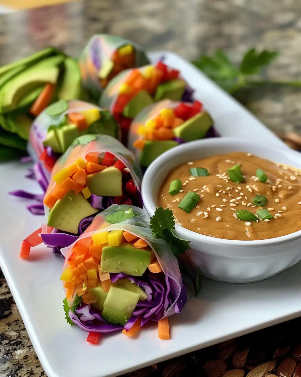 Fresh rainbow summer rolls with peanut butter dipping sauce