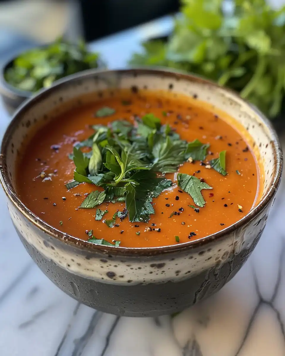 Final plated roasted red pepper and tomato soup garnished with basil and cherry tomatoes