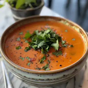 Roasted Red Pepper & Tomato Soup taken with iphone 15 pro max --iw 2 --ar 4:5 --v 6.0 --raw