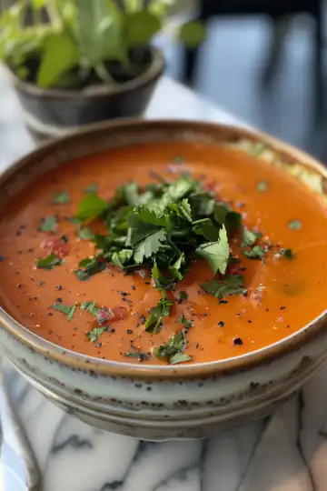 Roasted Red Pepper & Tomato Soup taken with iphone 15 pro max --iw 2 --ar 4:5 --v 6.0 --raw