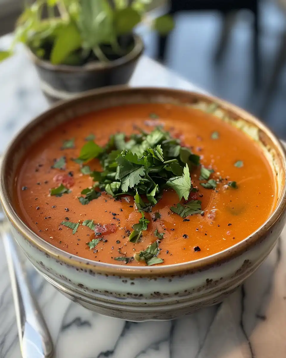Freshly roasted red pepper and tomato soup in pressure cooker with steam vent