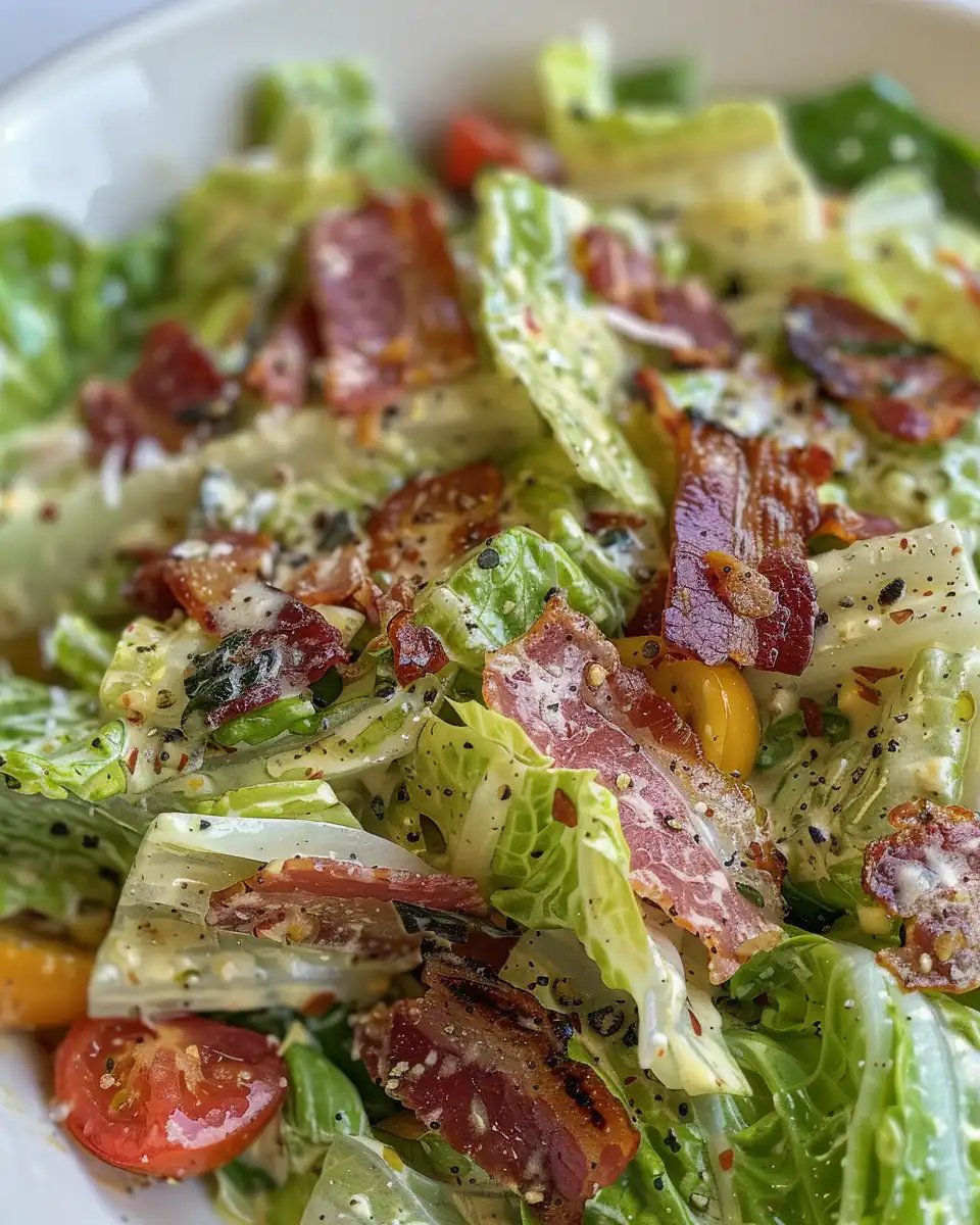 Final plated romaine salad with crispy bacon and dressing ready to eat
