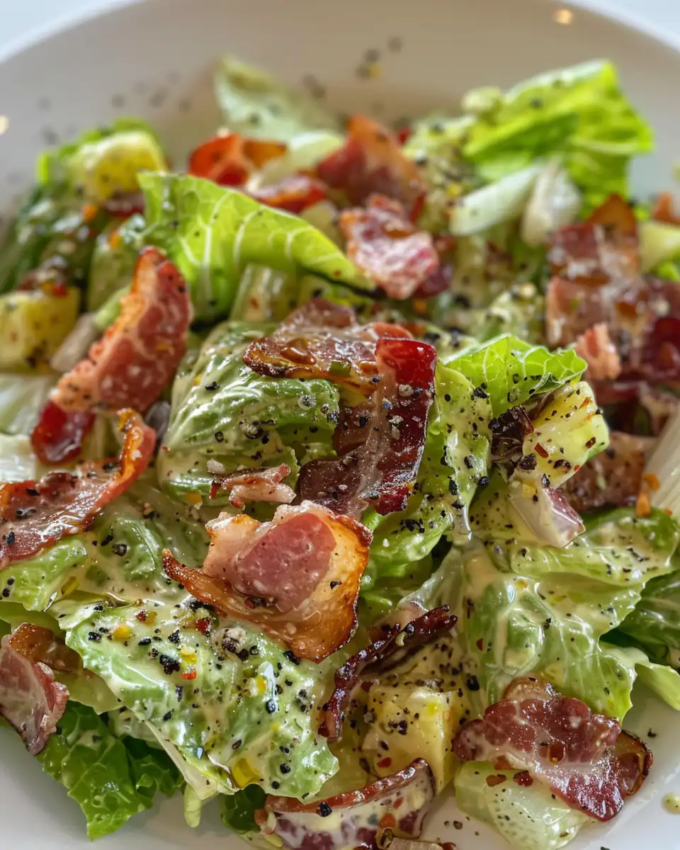 Close-up of fresh romaine salad with crispy bacon fat dressing