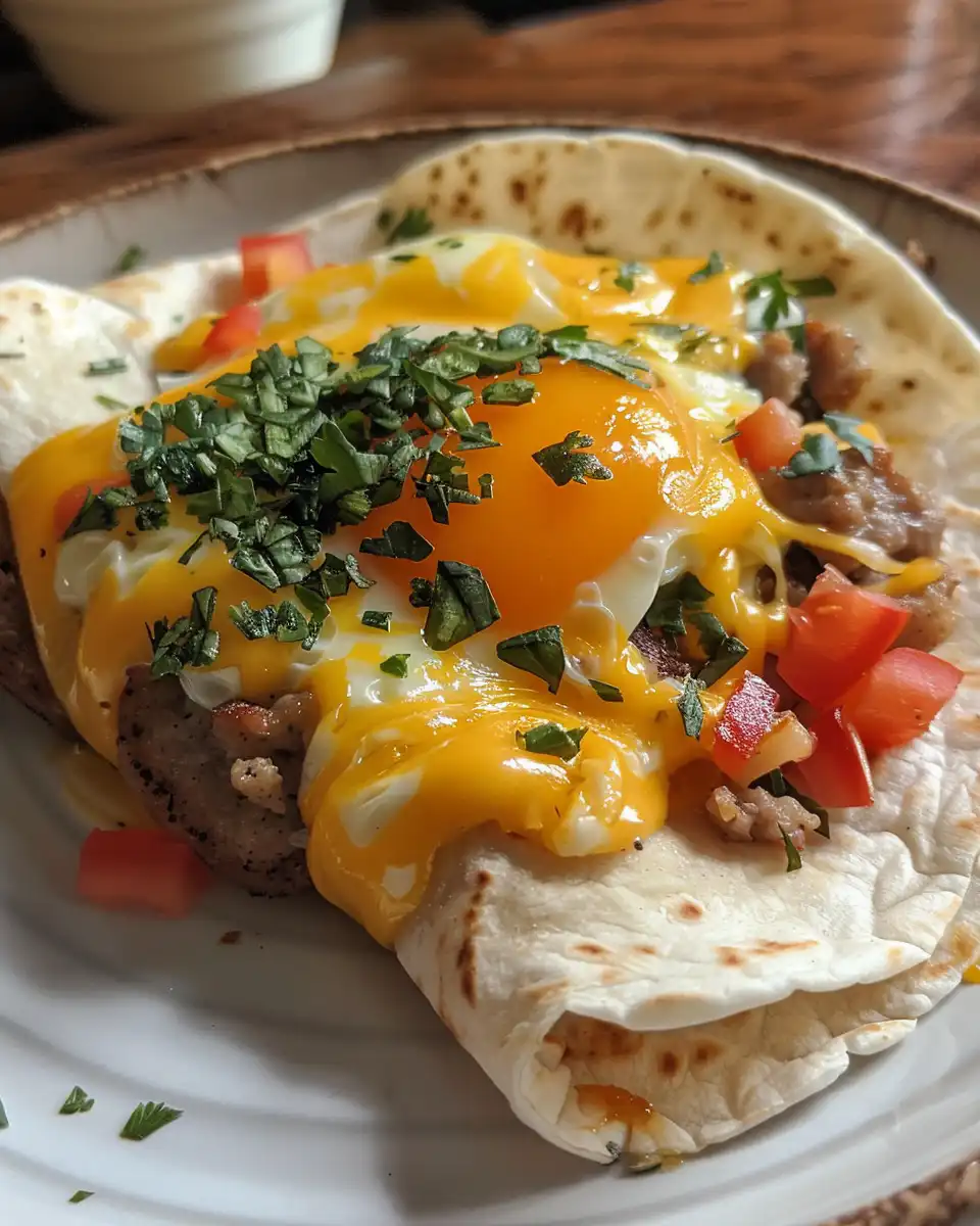 Golden crispy sausage, egg, and cheese tostada wrap served on a plate