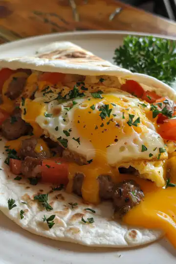 Sausage Egg and Cheese Tostada Wrap taken with iphone 15 pro max --iw 2 --ar 4:5 --v 6.0 --raw