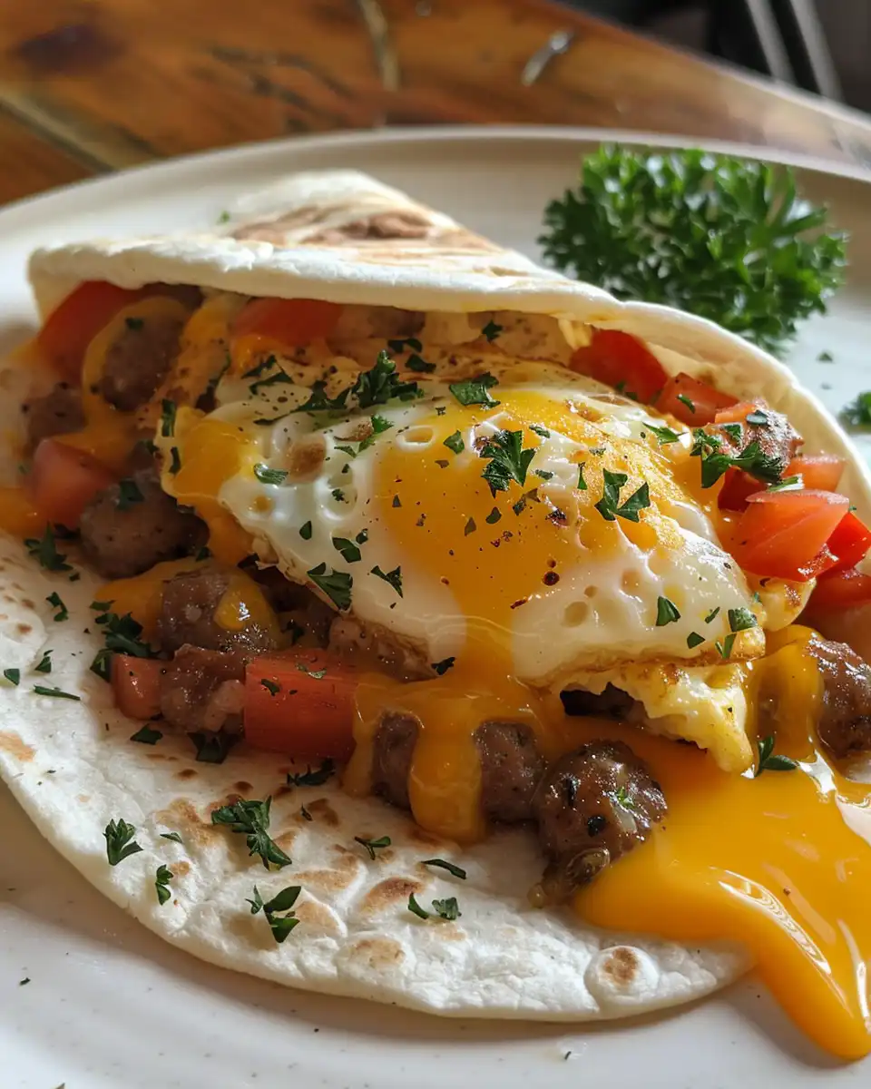 Sausage, egg, and cheese tostada wrap freshly made and cut in half