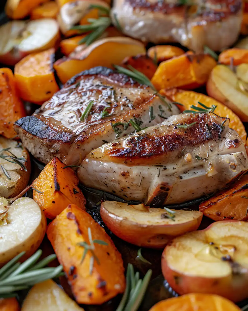 Ingredients for sheet pan pork chops with apples and sweet potatoes spread on a kitchen counter