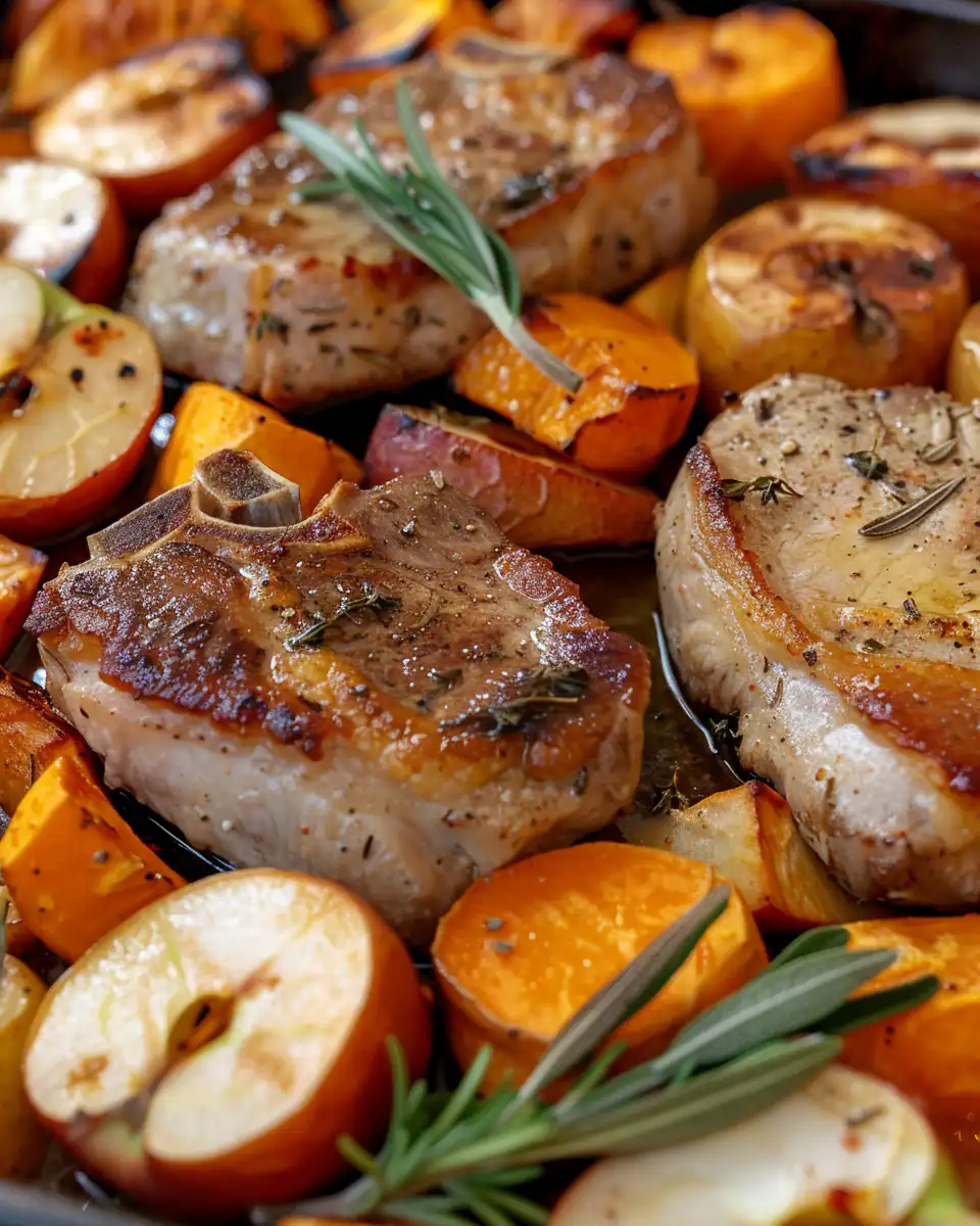 Plated sheet pan pork chops with caramelized apples and sweet potatoes