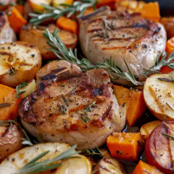 Sheet Pan Pork Chops With Apples And Sweet Potatoes taken with iphone 15 pro max --iw 2 --ar 4:5 --v 6.0 --raw