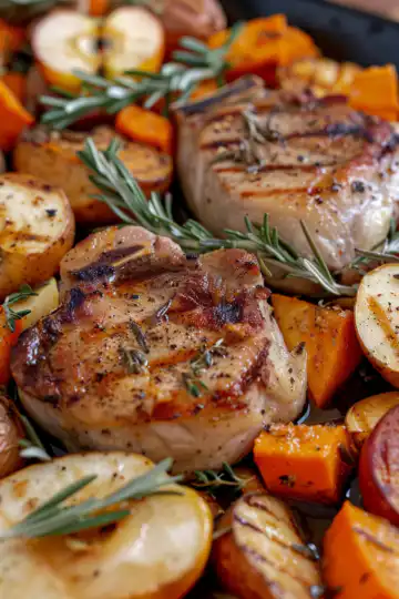 Sheet Pan Pork Chops With Apples And Sweet Potatoes taken with iphone 15 pro max --iw 2 --ar 4:5 --v 6.0 --raw