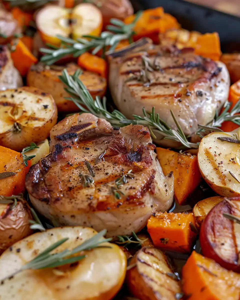 Sheet pan with pork chops, apples, and sweet potatoes roasting in oven