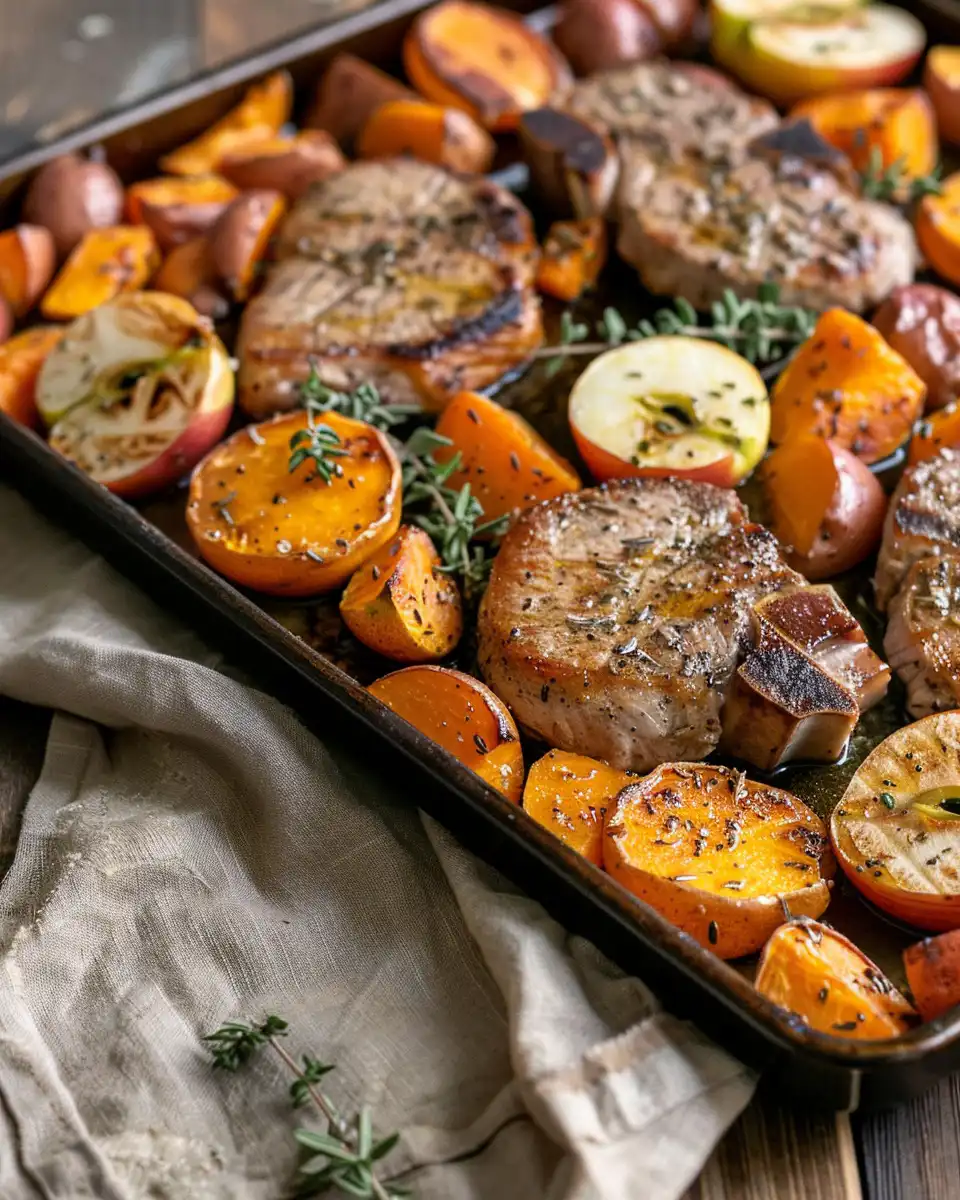 Ingredients for sheet pan pork chops with sweet potatoes and apples in bowls and on counter