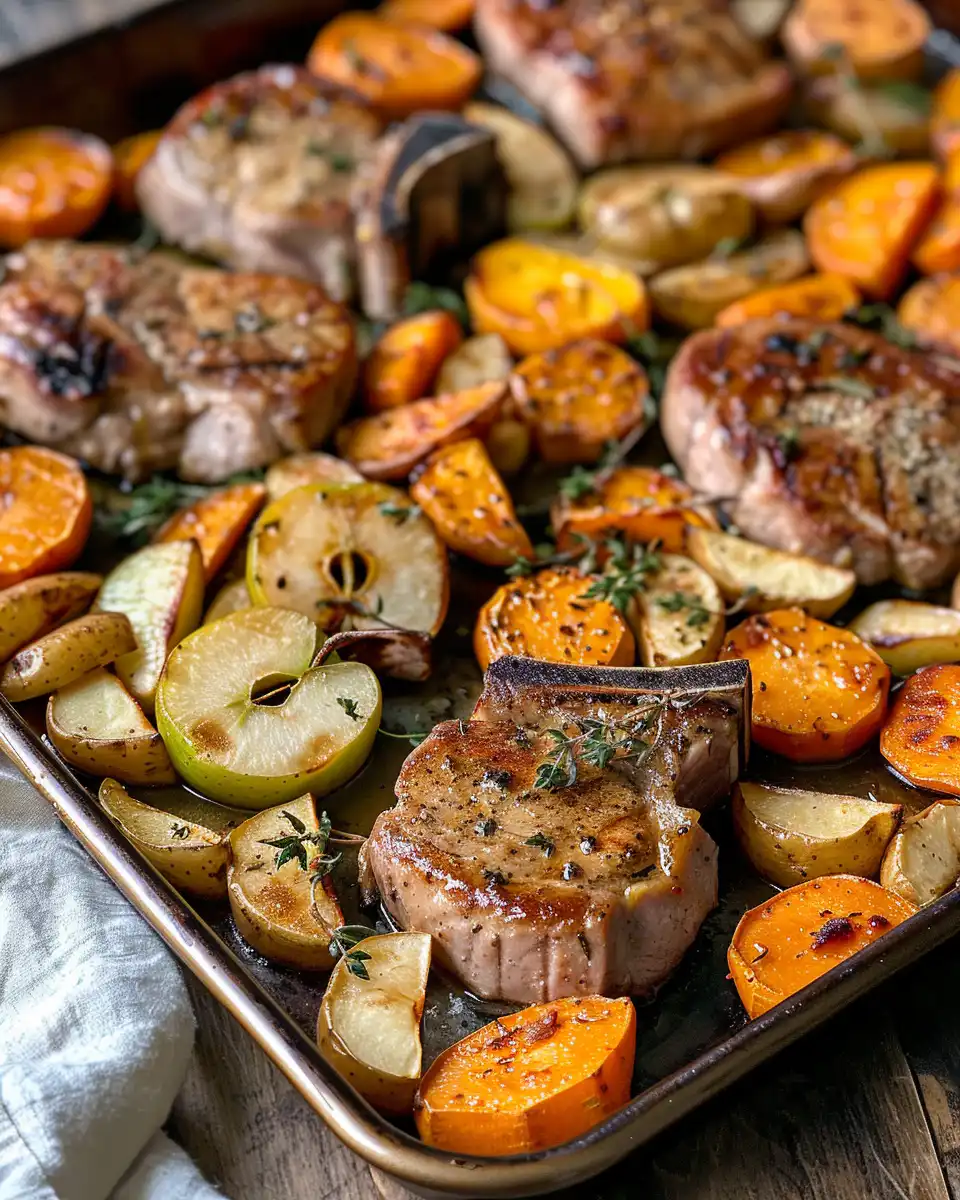 Finished sheet pan pork chops with sweet potatoes and caramelized apples plated