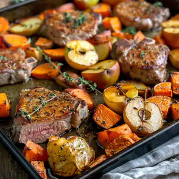 Sheet Pan Pork Chops With Sweet Potatoes And Apples taken with iphone 15 pro max --iw 2 --ar 4:5 --v 6.0 --raw