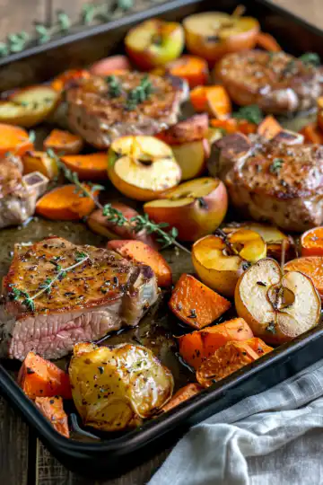 Sheet Pan Pork Chops With Sweet Potatoes And Apples taken with iphone 15 pro max --iw 2 --ar 4:5 --v 6.0 --raw