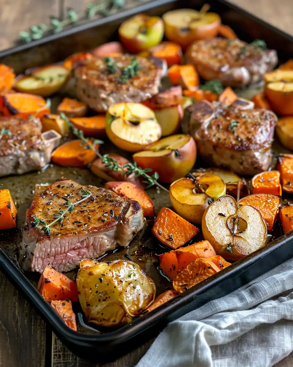 Juicy sheet pan pork chops with sweet potatoes and apples fresh from oven