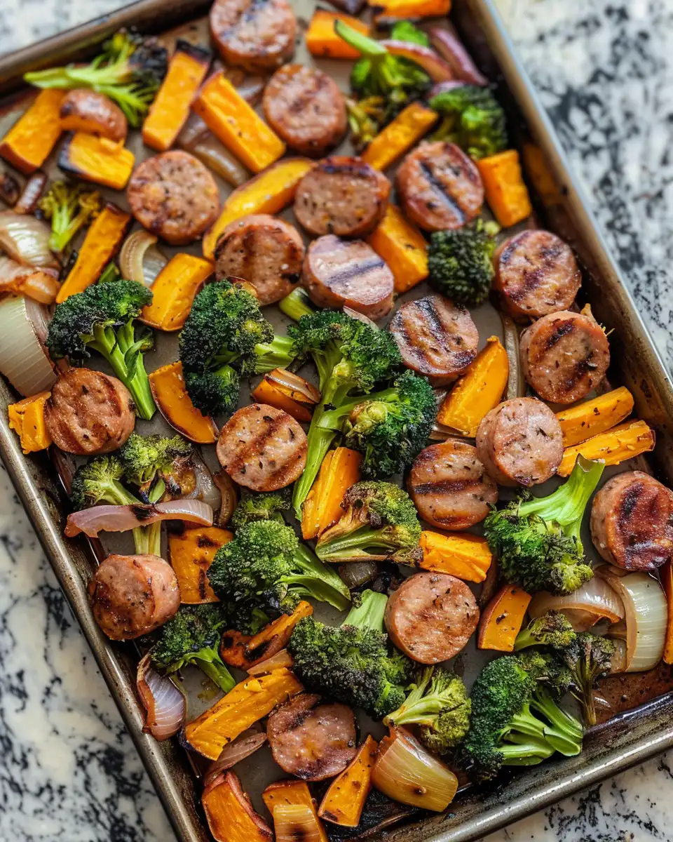 Ingredients prepared and tossed in a bowl for sausage, broccoli, and sweet potatoes