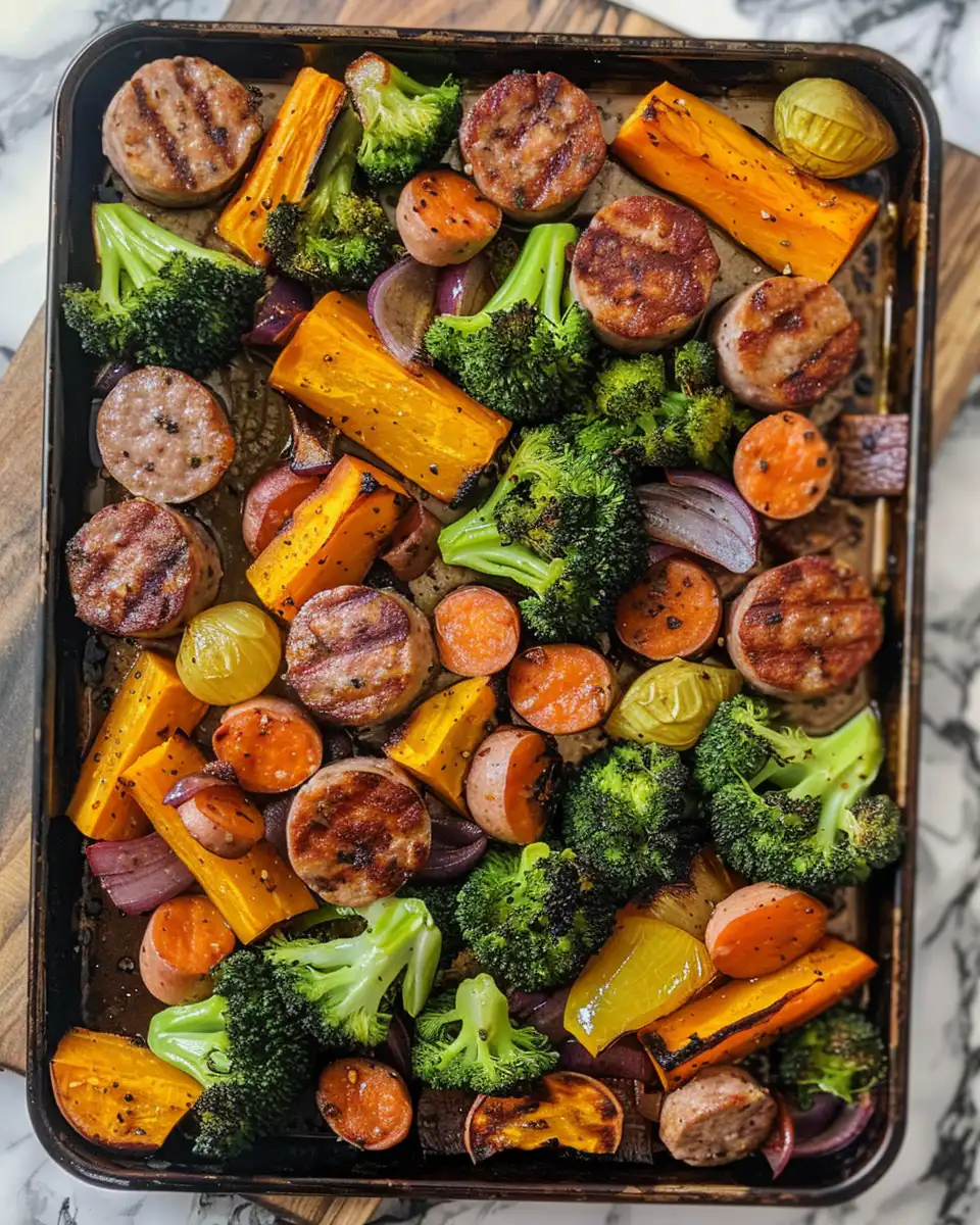 Plated sheet pan sausage with broccoli and sweet potatoes, golden and ready to serve