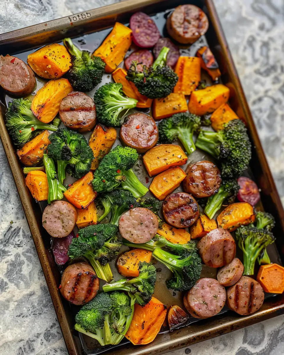 Sheet pan sausage, broccoli, and sweet potatoes roasting in oven