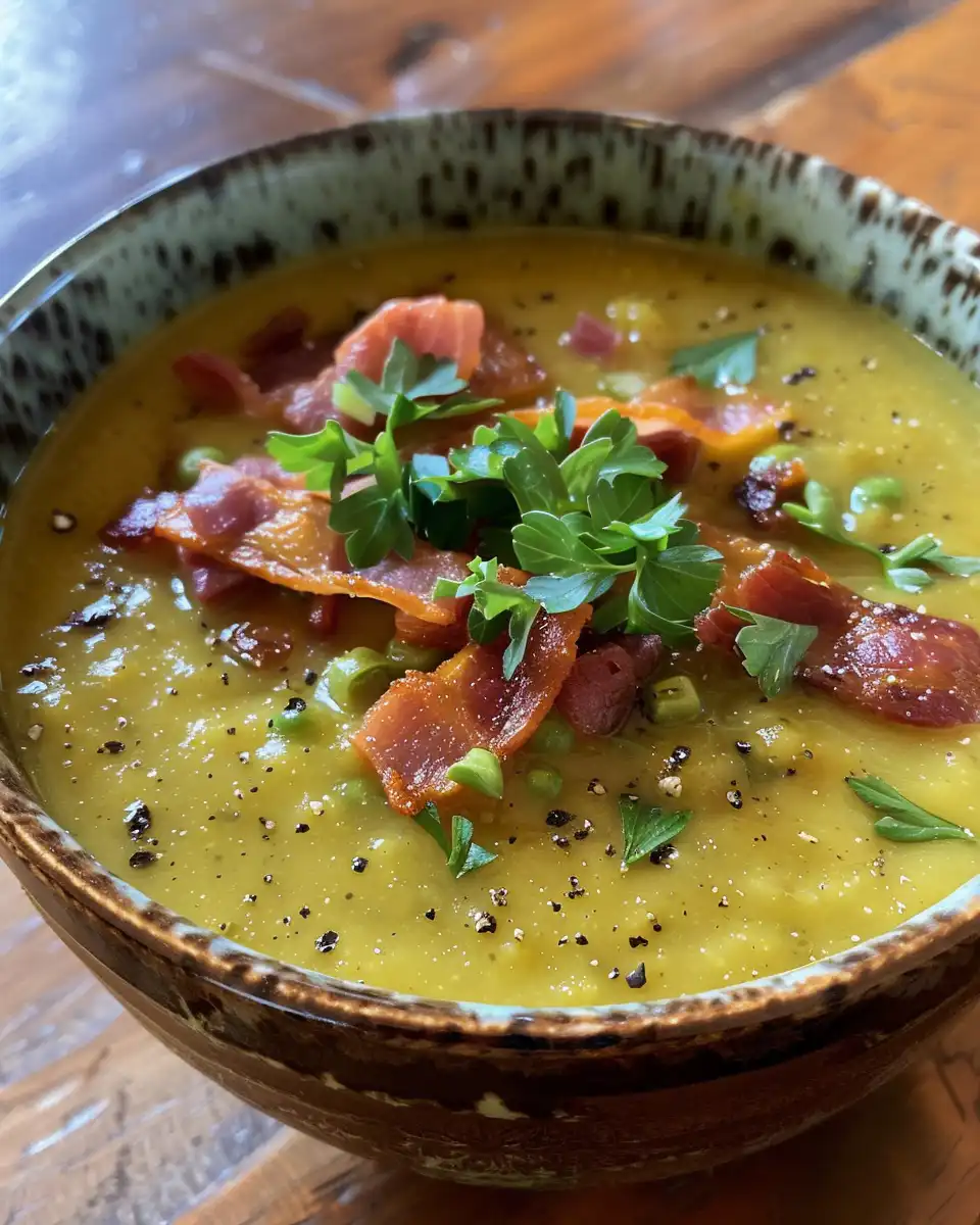 Ingredients laid out for split pea tomato soup including bacon, carrots, celery, and mustard
