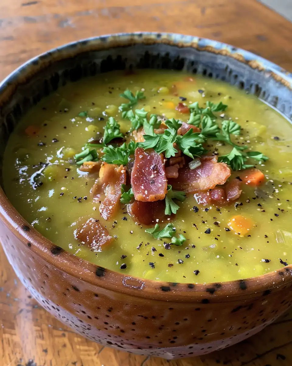 Final served bowl of split pea and tomato soup with bacon and parsley garnish