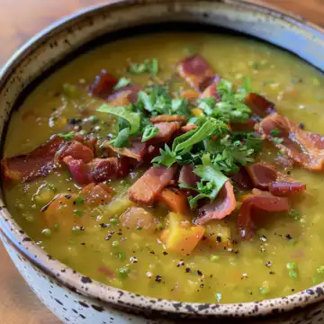 Split Pea And Tomato Soup With Bacon taken with iphone 15 pro max --iw 2 --ar 4:5 --v 6.0 --raw