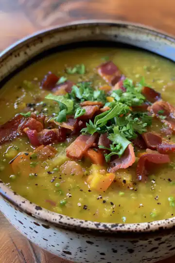 Split Pea And Tomato Soup With Bacon taken with iphone 15 pro max --iw 2 --ar 4:5 --v 6.0 --raw