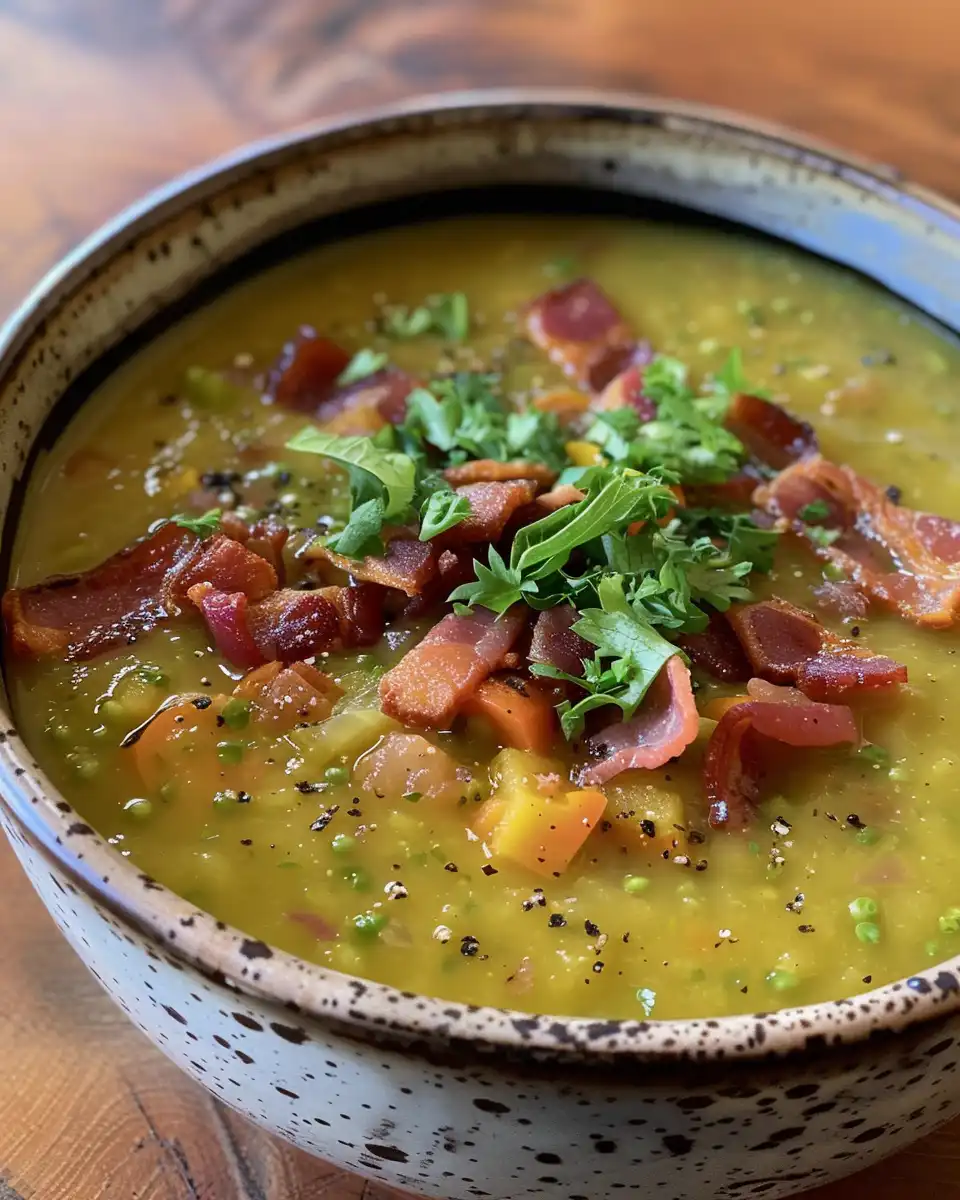 Close-up of split pea and tomato soup with bacon steaming in a pressure cooker