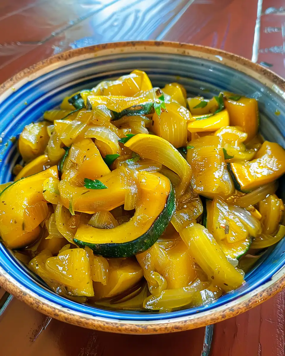 Final plated stewed southern squash and onions ready to eat