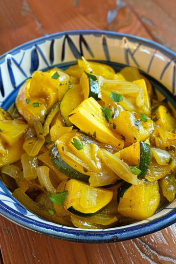 Stewed Summer Squash And Sweet Onions taken with iphone 15 pro max --iw 2 --ar 4:5 --v 6.0 --raw
