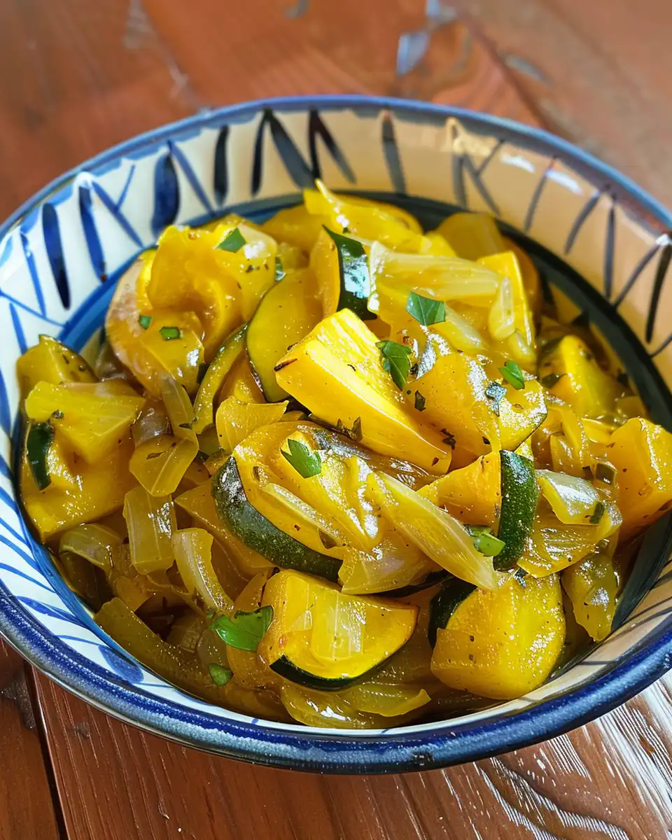 Stewed southern squash and sweet onions fresh and ready in pressure cooker
