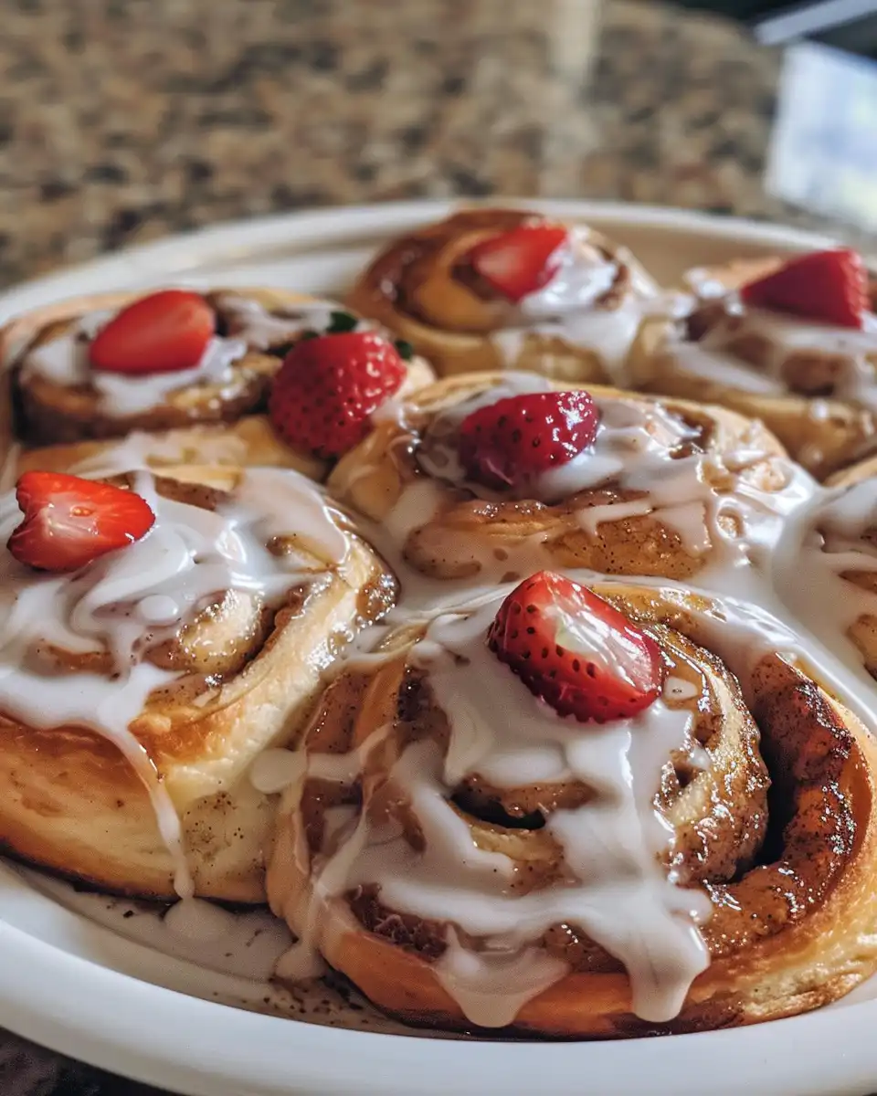 Freshly baked strawberry cinnamon rolls with cream cheese icing