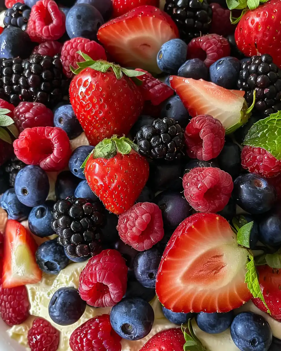 Ingredients for summer berry cheesecake salad including strawberries blueberries and cream cheese