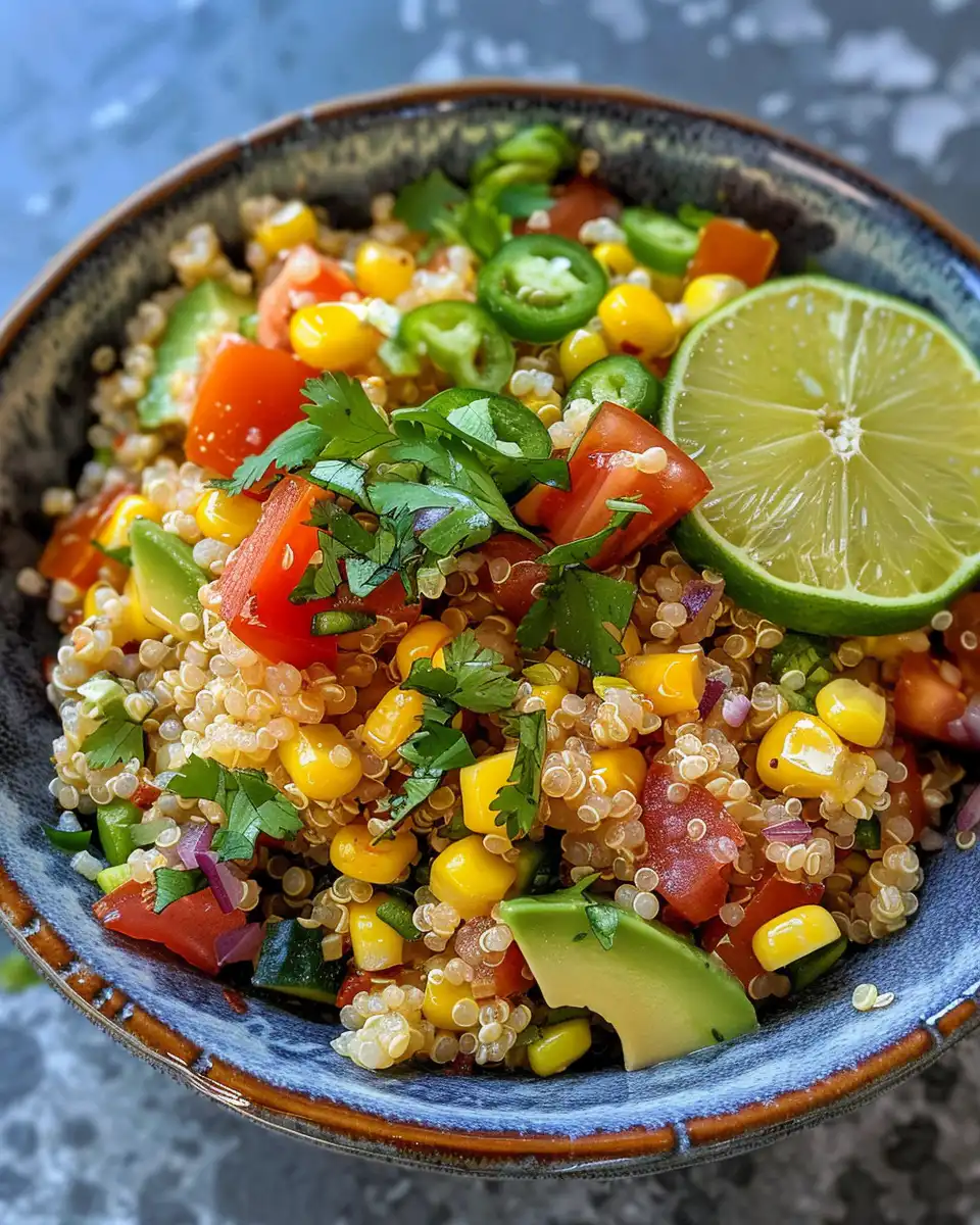Ingredients for quinoa salad including corn, peppers, and beans mixed