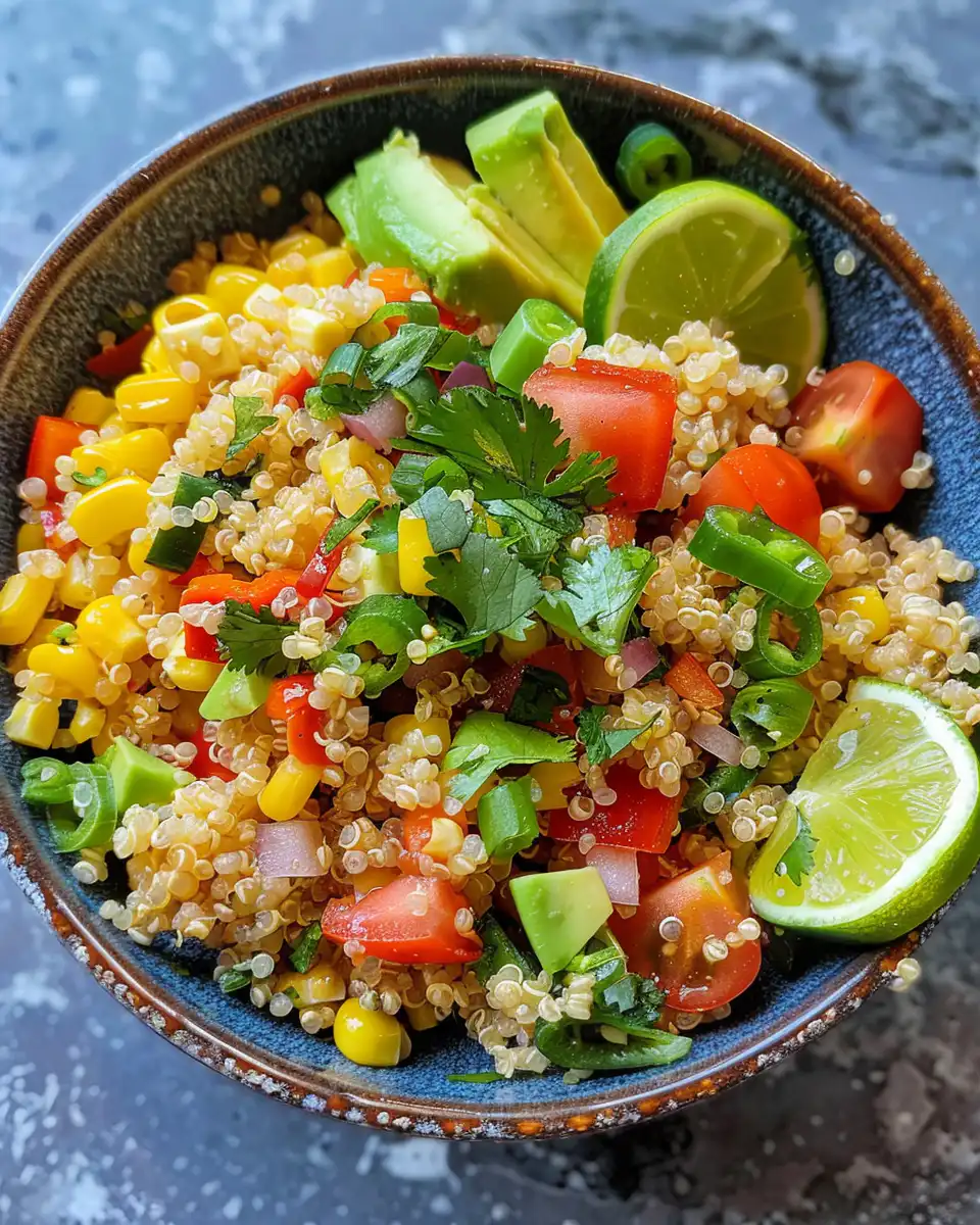 Final plated quinoa salad with corn and cotija cheese ready to serve
