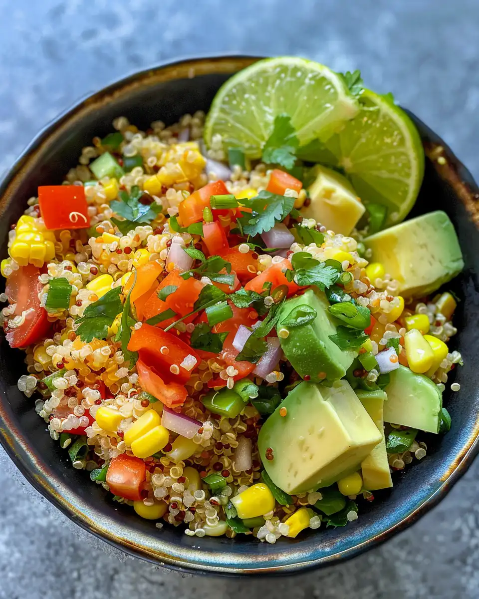 Fresh summer elote quinoa salad with corn and peppers
