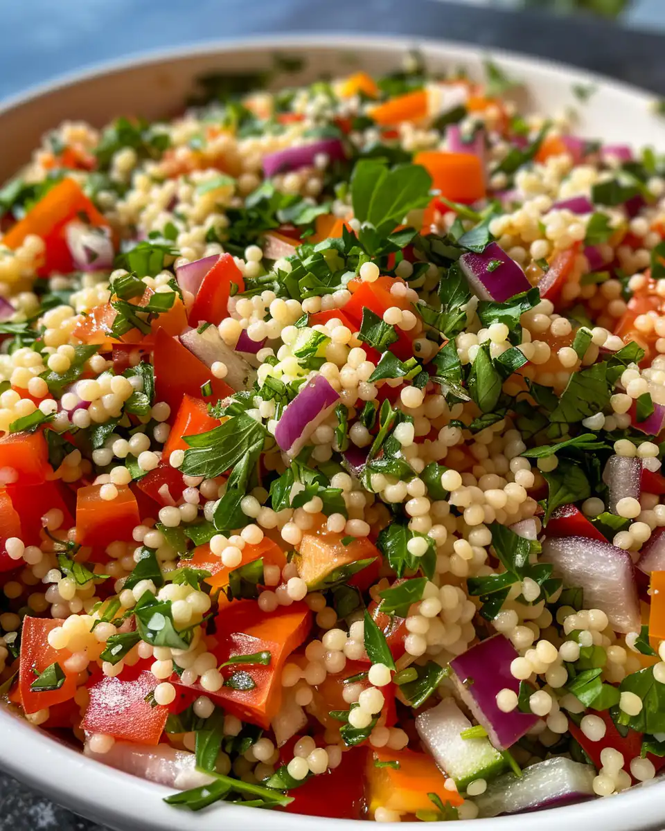 Ready to serve Summer Garden Couscous Salad with fresh herbs and lemon
