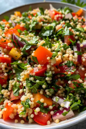 Summer Garden Couscous Salad taken with iphone 15 pro max --iw 2 --ar 4:5 --v 6.0 --raw