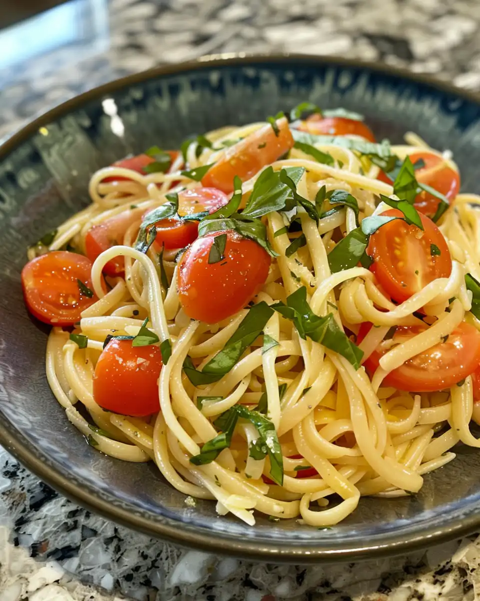 Chilled and plated summer linguine salad ready to serve